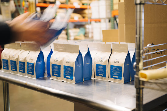Fresh roasted Zoka Coffee preparing for shipment