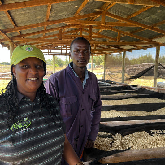 Two people standing under a wooden shelter with a field in the background