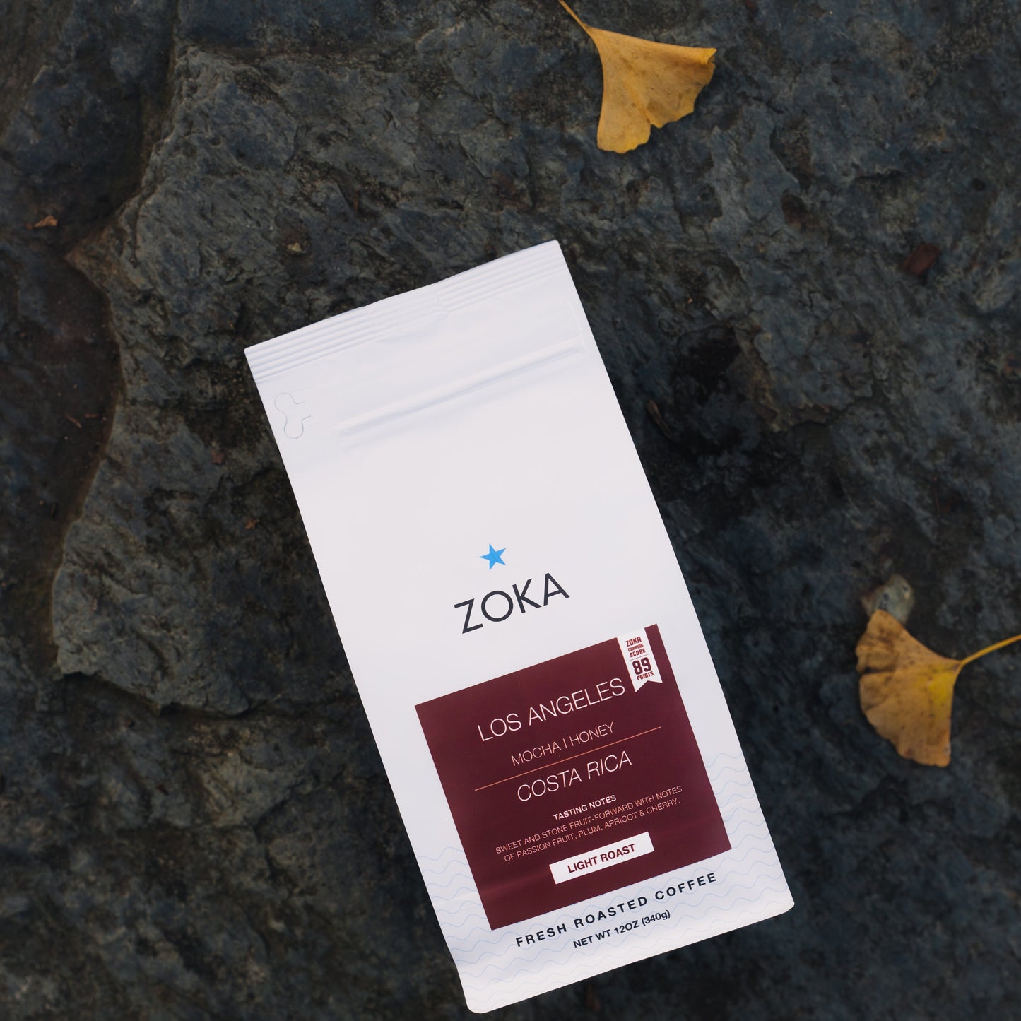 Bag of Los Angeles Mocha Honey on a rock with fall leaves
